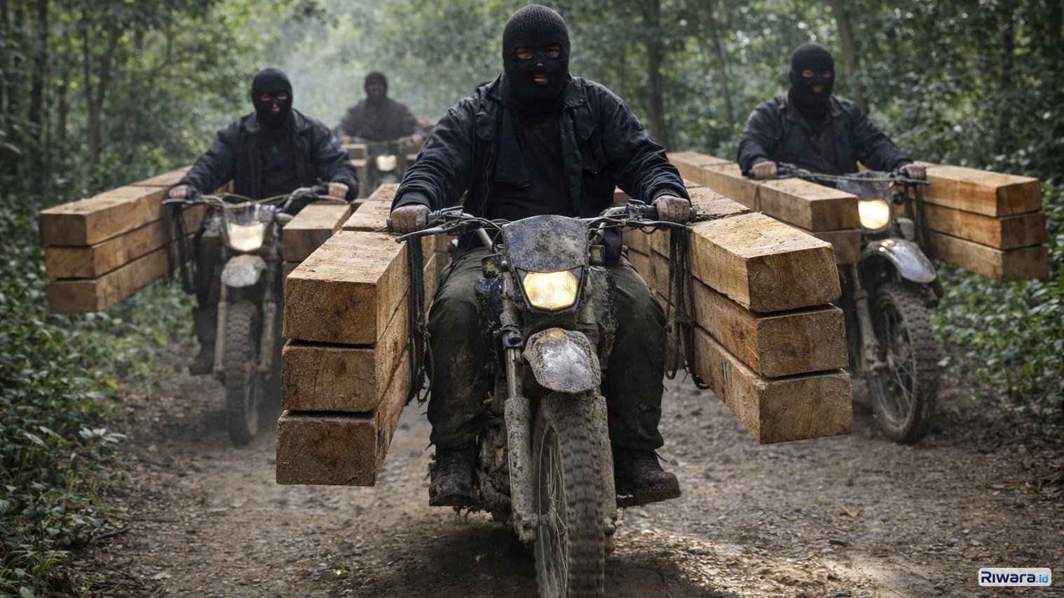 Ilustrasi pencurian kayu di hutan menggunakan sepeda motor, dibuat dengan bantuan AI